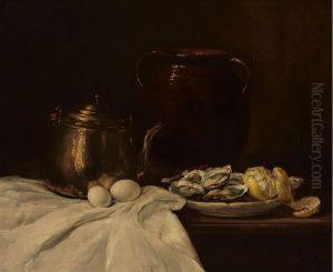 Stilleven met koperen kan, eieren en schaal met oesters