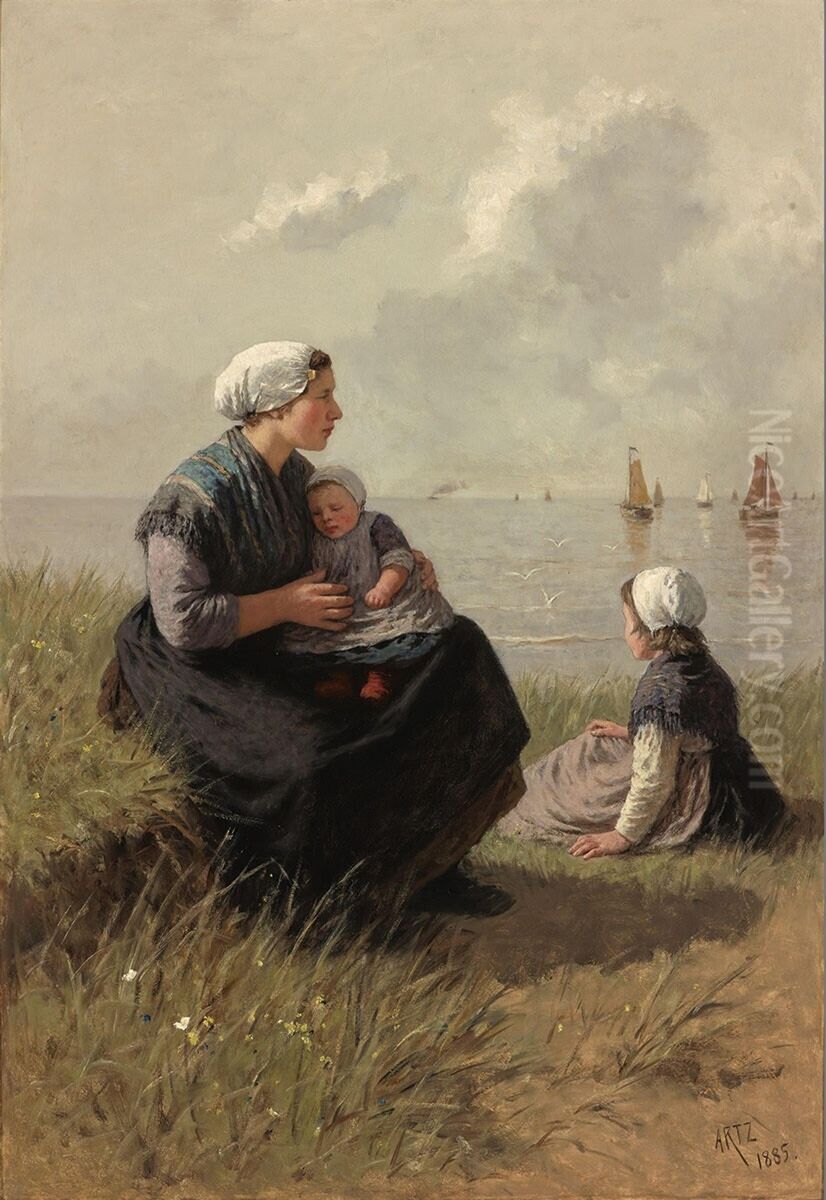 Fisherman's wife with children on a dune Oil Painting by David Adolph Constanz Artz