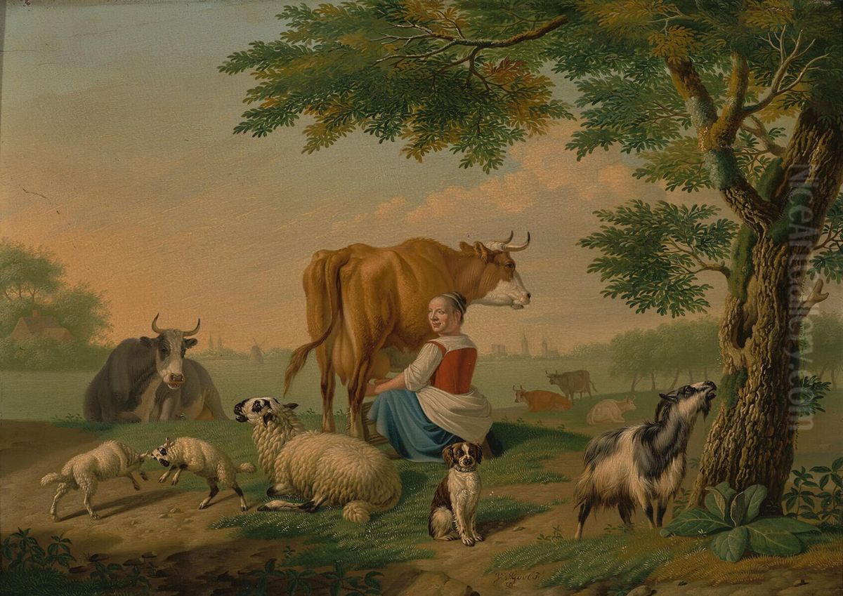 Landschap met vee en melkmeid Oil Painting by Jan van Gool