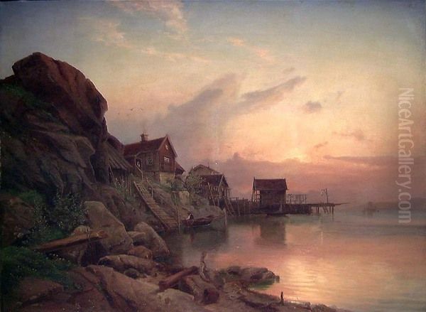 Coastal Landscape in Sunset Oil Painting by Johan Jorgen Broch