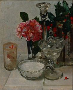 Stilleven met camelia's en kristallen schaaltje