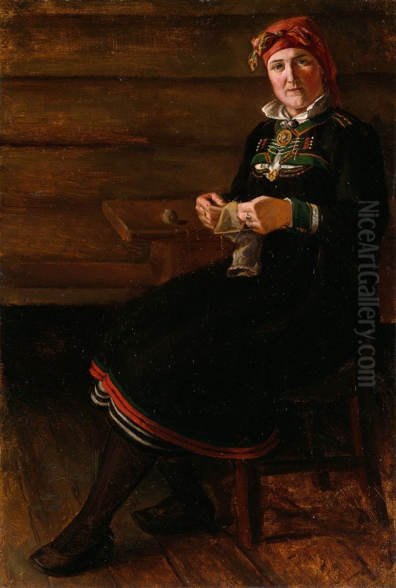 Sittende kvinne i Setesdals-bunad Oil Painting by August Schneider