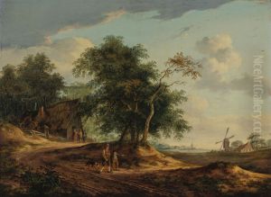 Landschap met boerenwoning, op het tweede plan een molen
