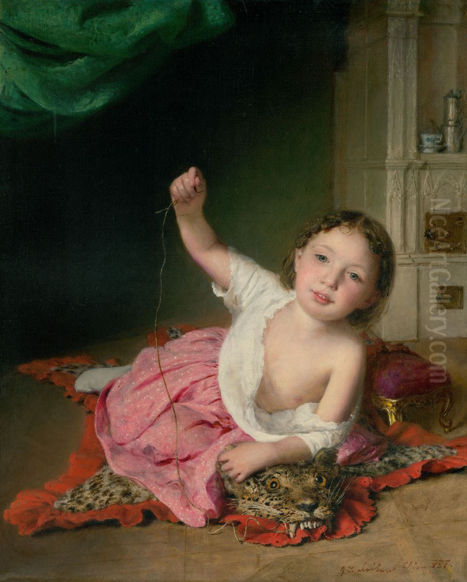 Hrajuce sa dievcatko Oil Painting by Johann Baptist Reiter