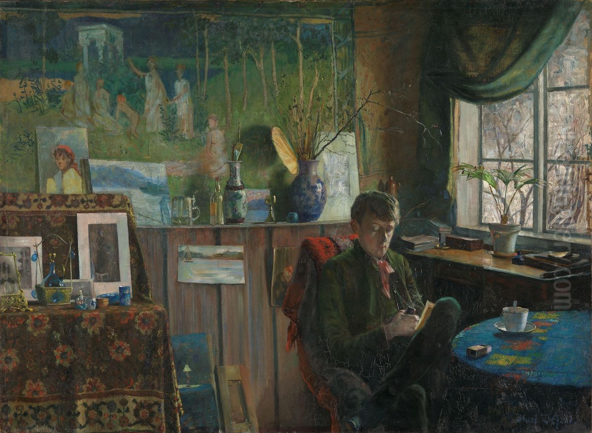 At the Widow. Portrait of the Artist Kalle Lochen Oil Painting by Karl Jensen-Hjell