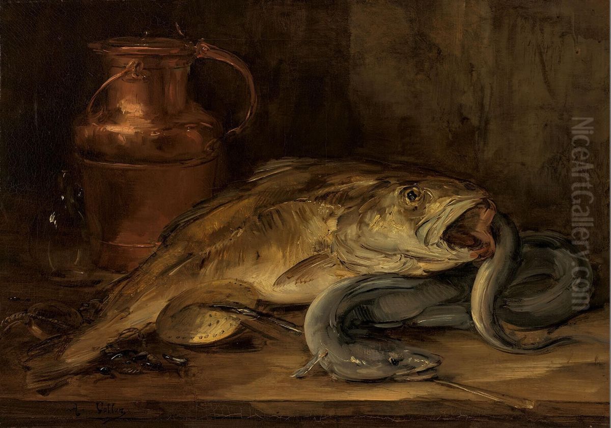 Stilleven met vissen en koperen kan Oil Painting by Antoine Vollon