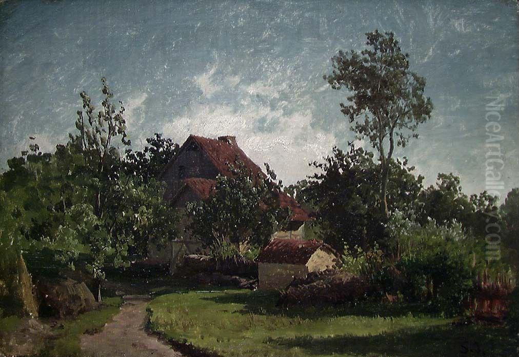 Bondegard i kveldslys Oil Painting by Sophus Jacobsen