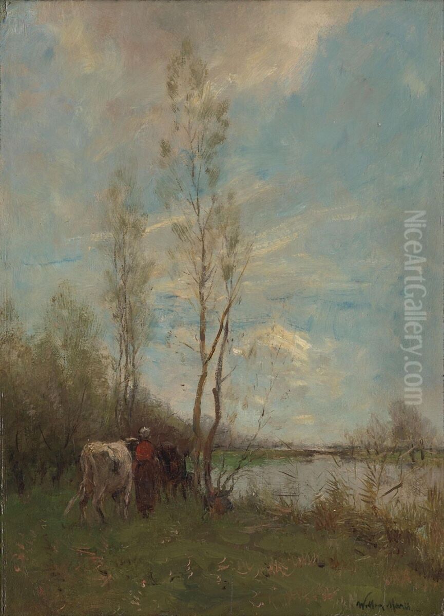 Farmer's Wife with Cattle near a Small River (Summer Day) Oil Painting by Willem Maris
