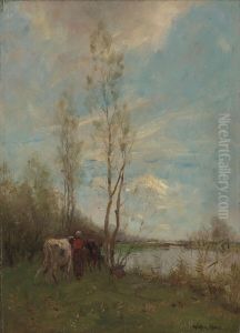 Farmer's Wife with Cattle near a Small River (Summer Day)