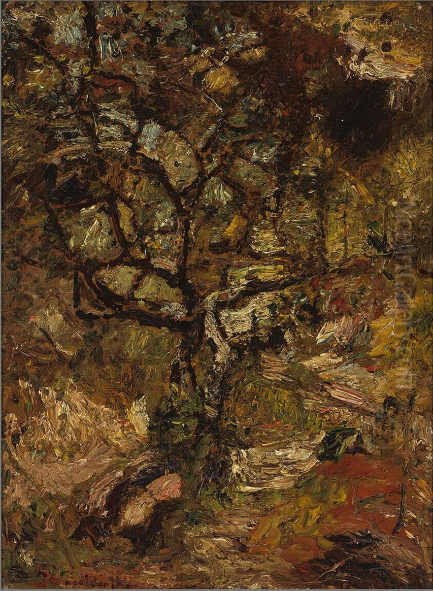 Arbre sur des rochers contre un soleil couchant (Boom op rotsen bij ondergaande zon ) Oil Painting by Adolphe Joseph Thomas Monticelli