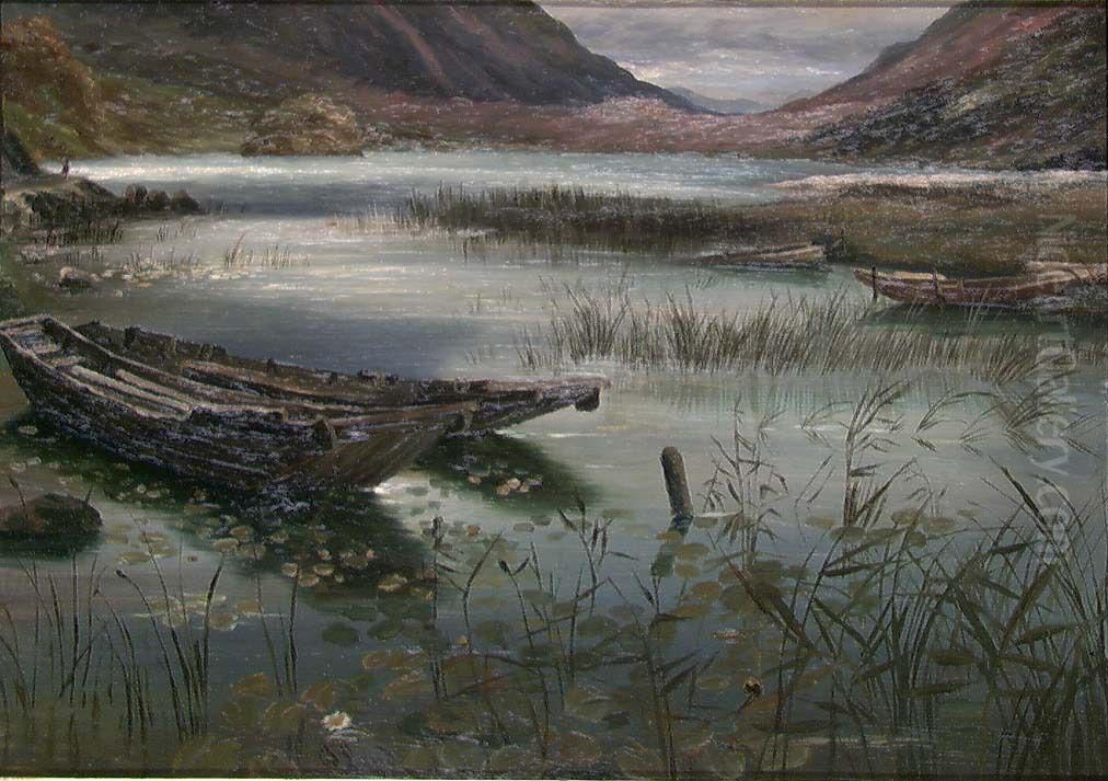 Lake with Boats. Copy after Fearnley Oil Painting by Thomas Fearnley