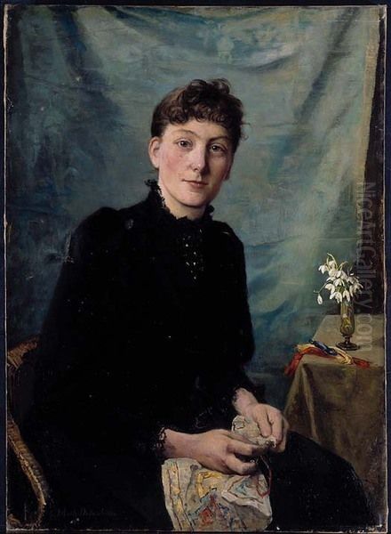 Sittende ung dame med broderi Oil Painting by Johanne Mathilde Dietrichson