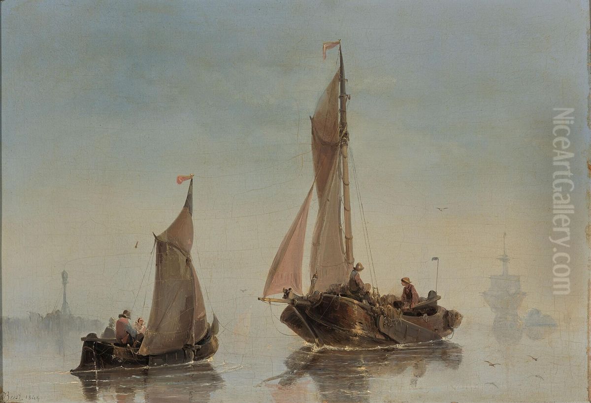 Calm Sea with Fishing Boats Oil Painting by Albert Van Beest