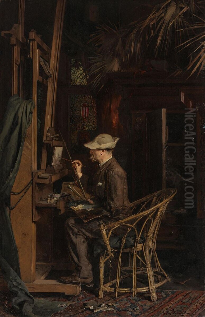 The artist Jan Linse in the studio of Van Maasdijk, Oudedijk Rotterdam Oil Painting by Alexander van Maasdijk