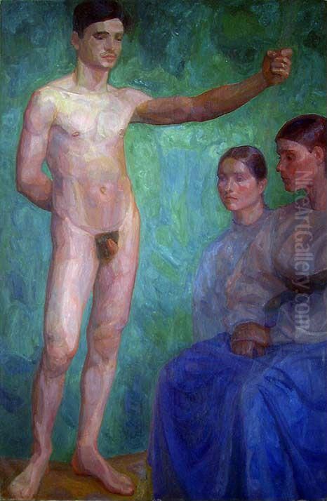 Male Nude and two Women Oil Painting by Thorvald Erichsen