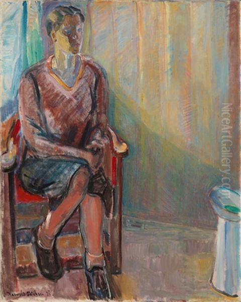 Seated Woman in an Interior Oil Painting by Thorvald Erichsen
