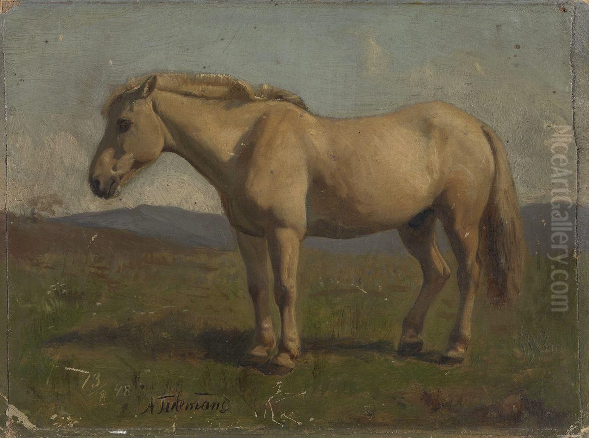 A dun Horse Oil Painting by Adolph Tidemand