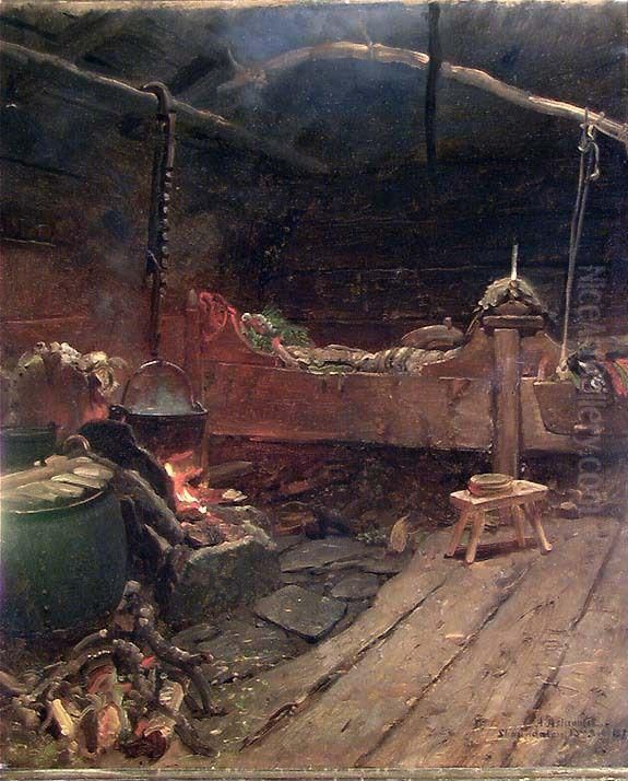 Interior from an Open-Hearth Room Oil Painting by Anders Askevold
