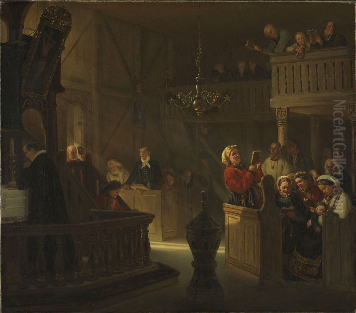 Gudstjeneste i en norsk landskirke Oil Painting by Adolph Tidemand