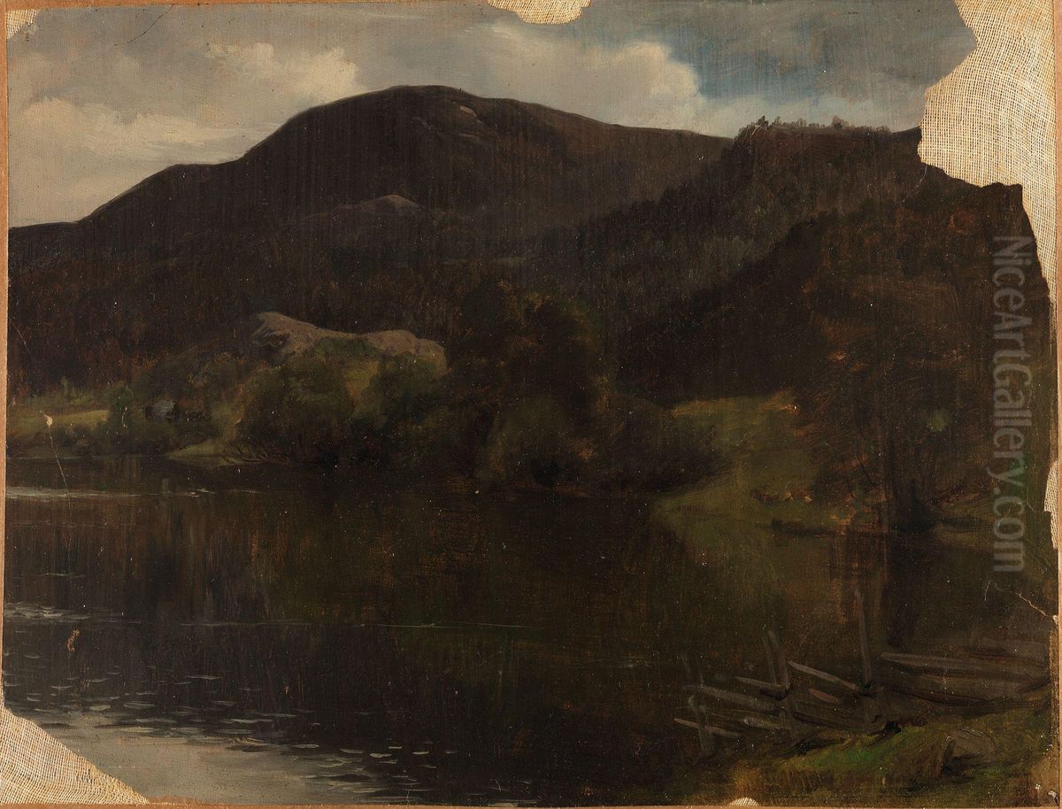 A Lake Oil Painting by Adolph Tidemand