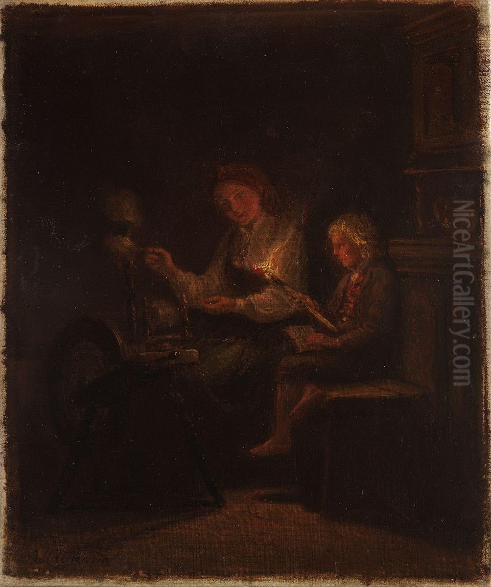 By the Spinning Wheel Oil Painting by Adolph Tidemand