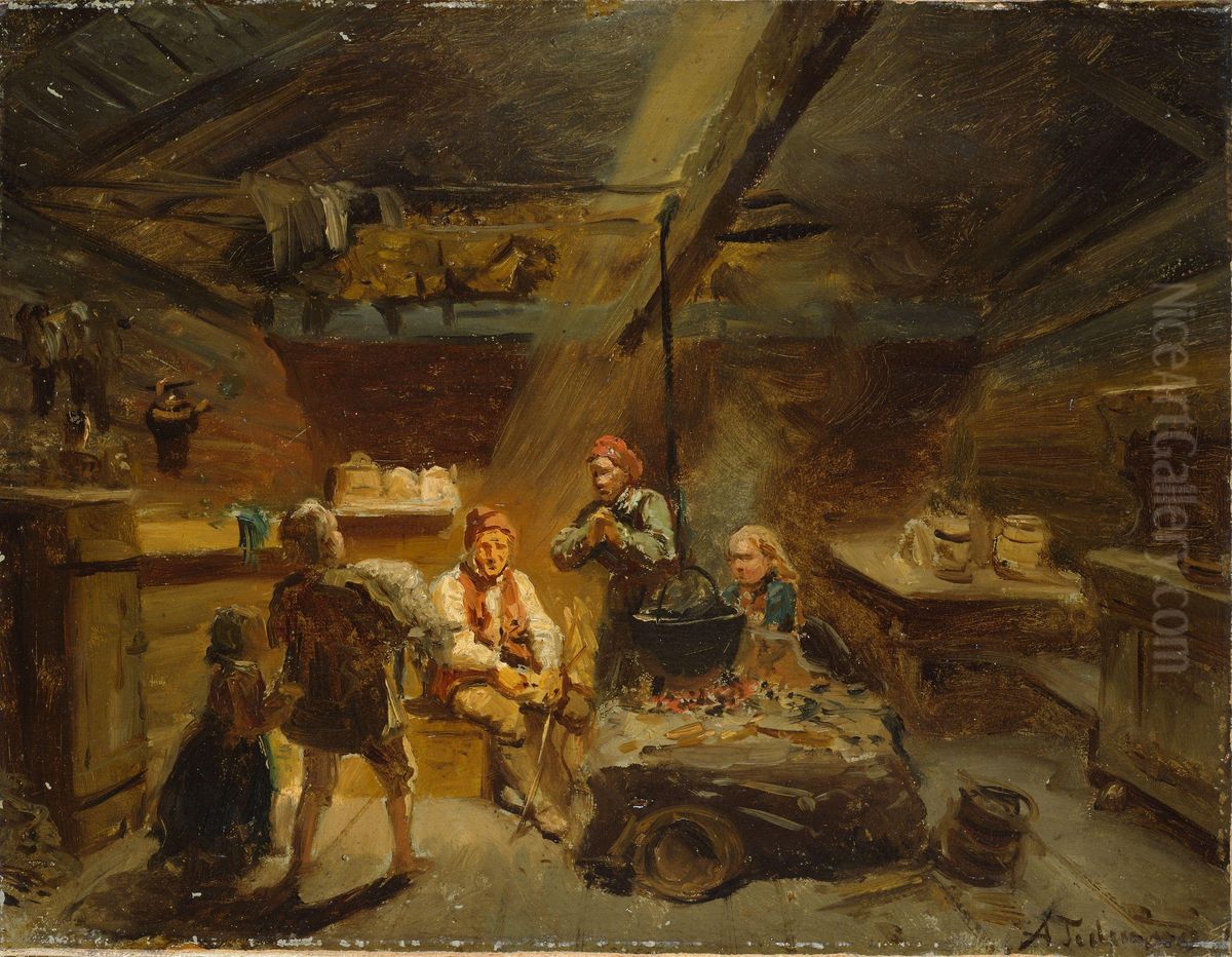En gutt som bringer hjem et sykt lam Oil Painting by Adolph Tidemand