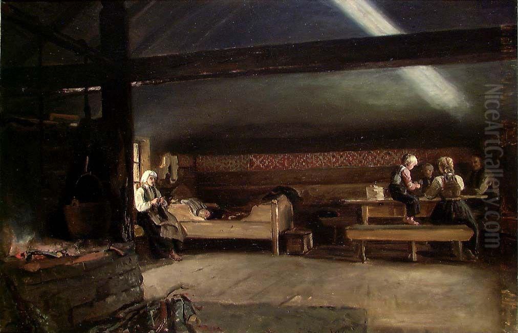En krotet roykstue, Vikoy Oil Painting by Adolph Tidemand