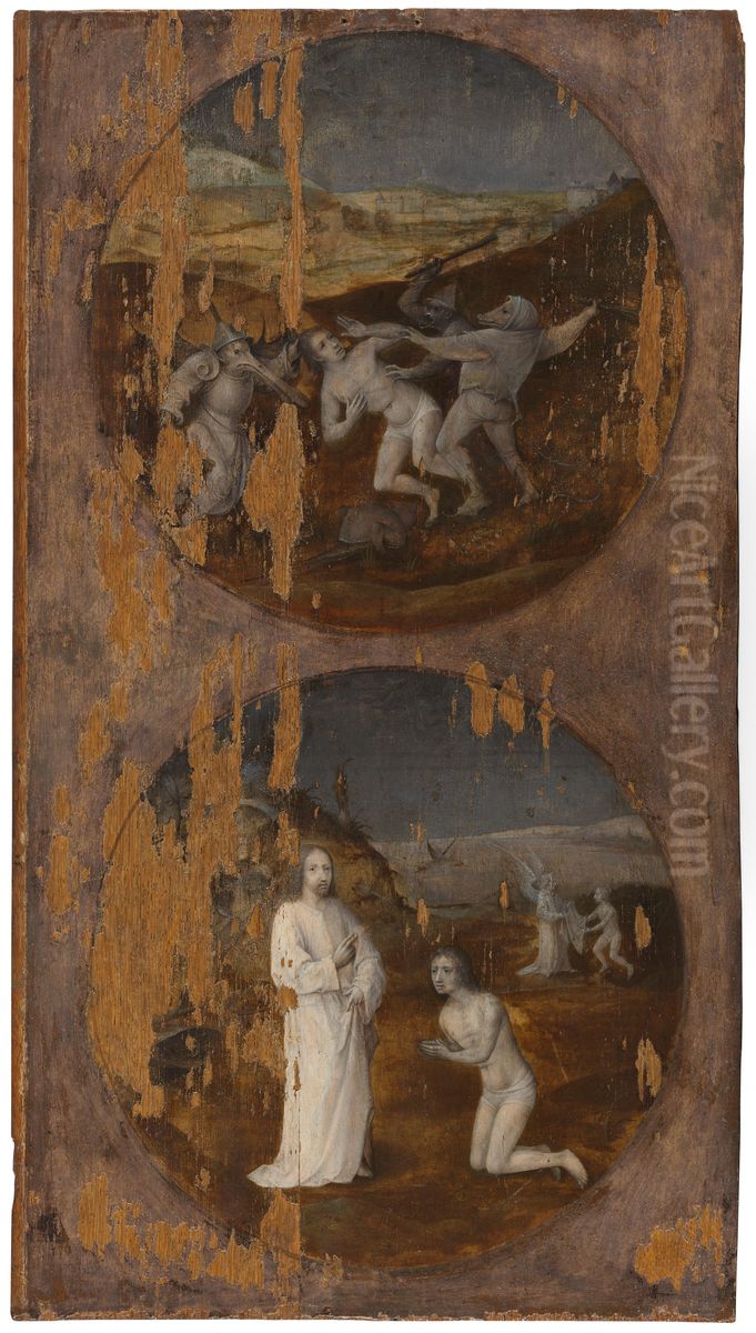 Twee medaillons met symbolisch-religieuze voorstellingen Oil Painting by Hieronymous Bosch
