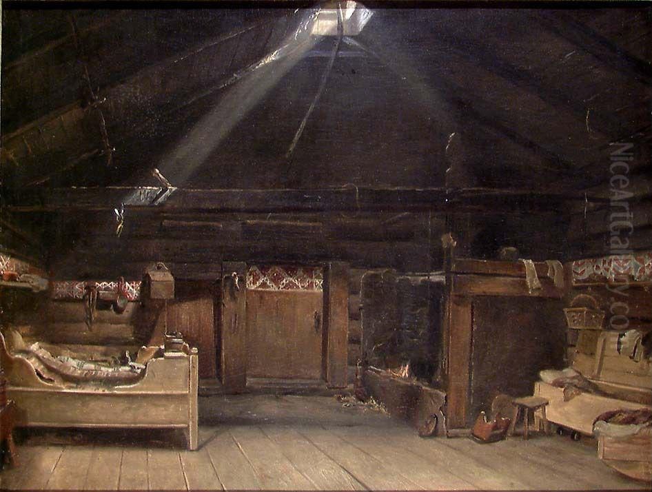 Roykstue fra Vikoy, Kvam i Hardanger Oil Painting by Adolph Tidemand