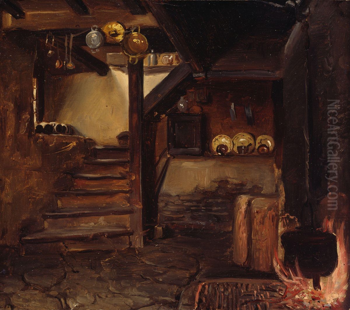 German Kitchen Oil Painting by Adolph Tidemand