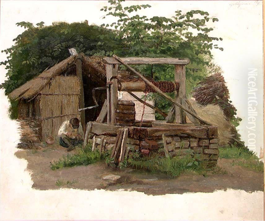 Well at Goldsheim Oil Painting by Adolph Tidemand