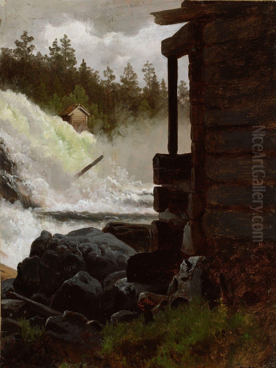 A Waterfall Oil Painting by Adolph Tidemand