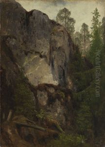 Skogstudie med mosegrodd fjellskrent