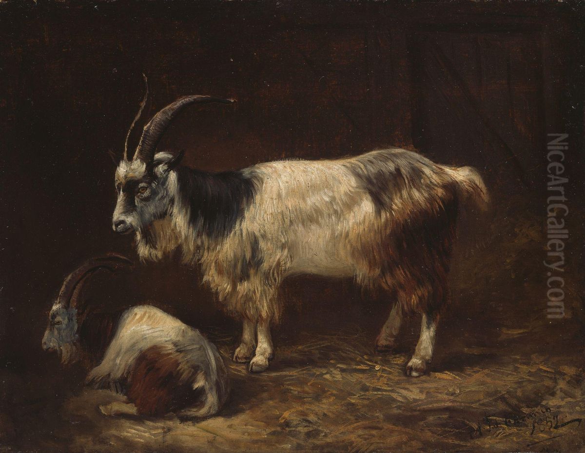 Two Goats Oil Painting by Adolph Tidemand