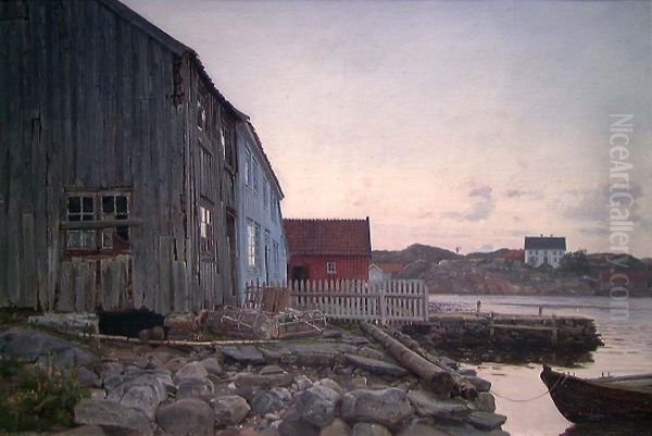 A Fisherman's Home, Old Hellesund Oil Painting by Amaldus Nielsen
