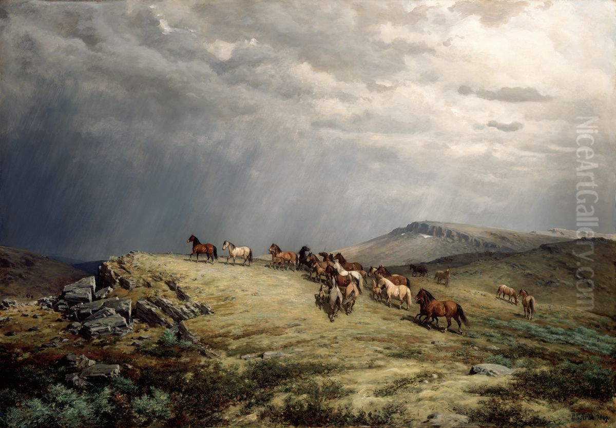 Horses in the Mountains Oil Painting by Peter Nicolai Arbo