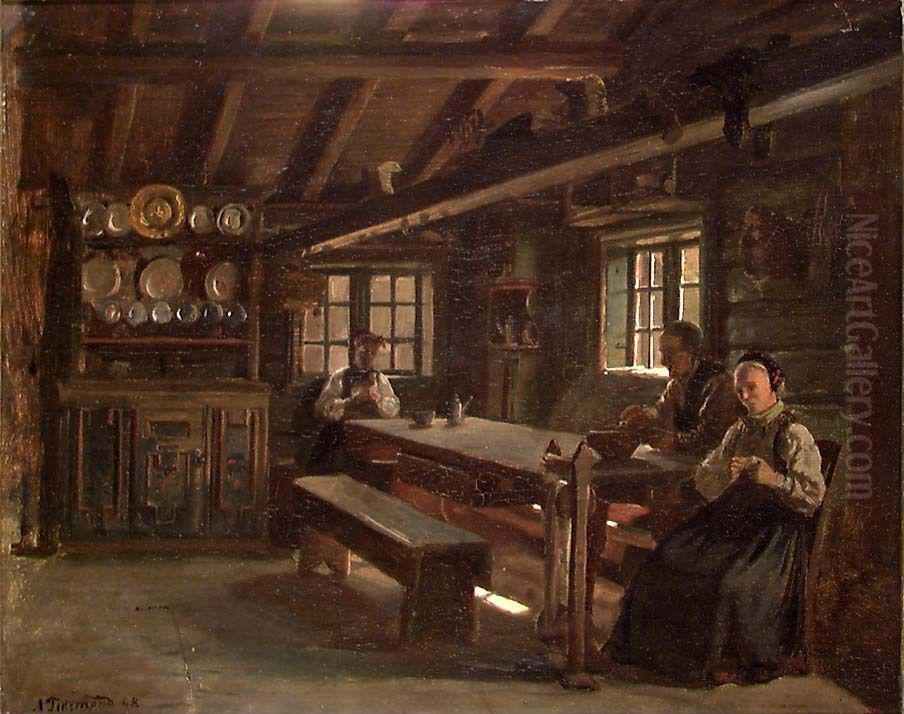 Interior fra Gulsvik i Hallingdal Oil Painting by Adolph Tidemand