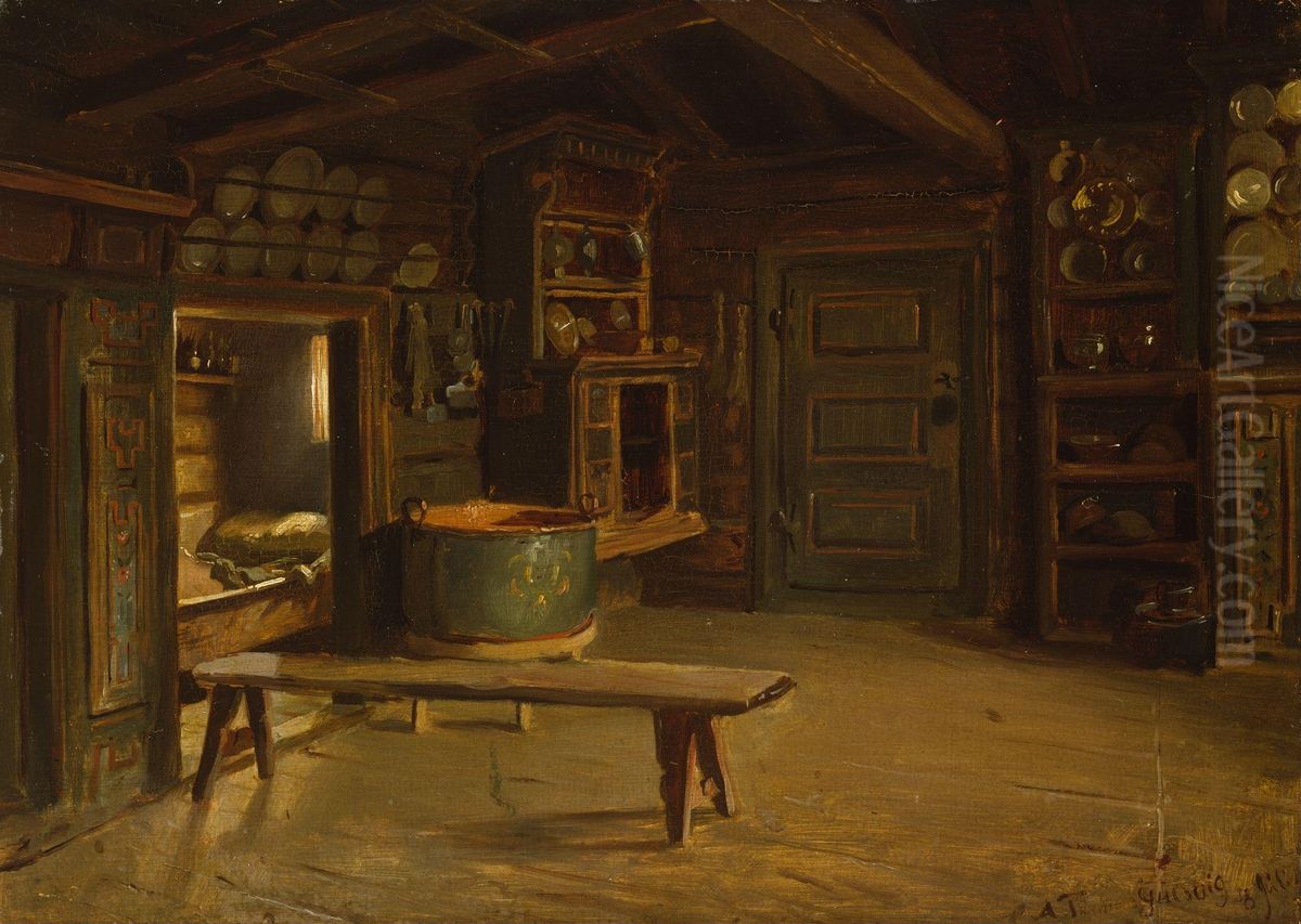 Interior fra Gulsvik i Hallingdal Oil Painting by Adolph Tidemand