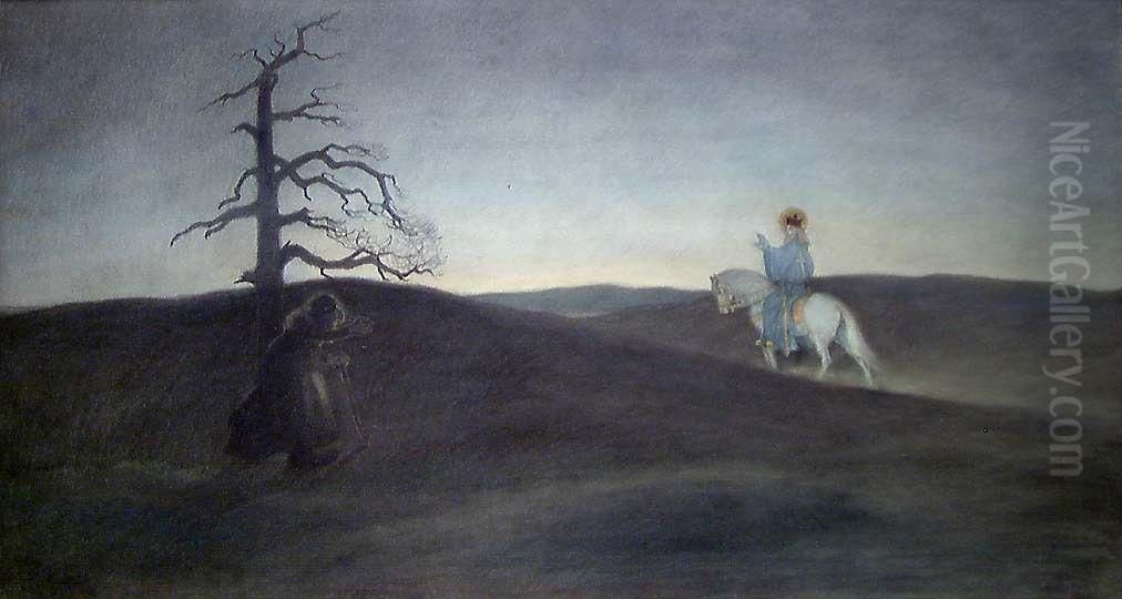 St. Olav and Gjogola in an Evening Landscape Oil Painting by Christian Skredsvig