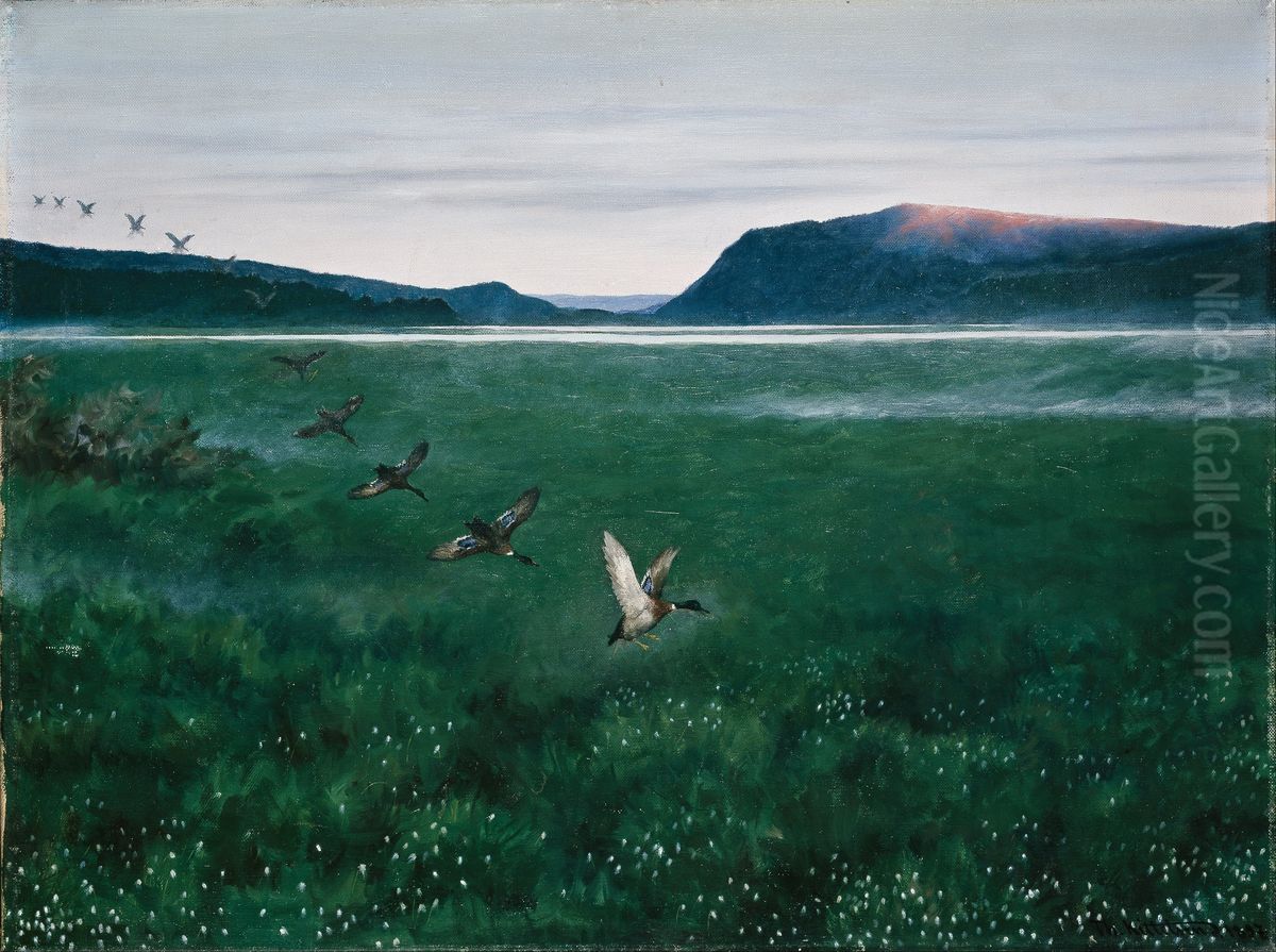 The twelve Wild Ducks Oil Painting by Theodor Kittelsen