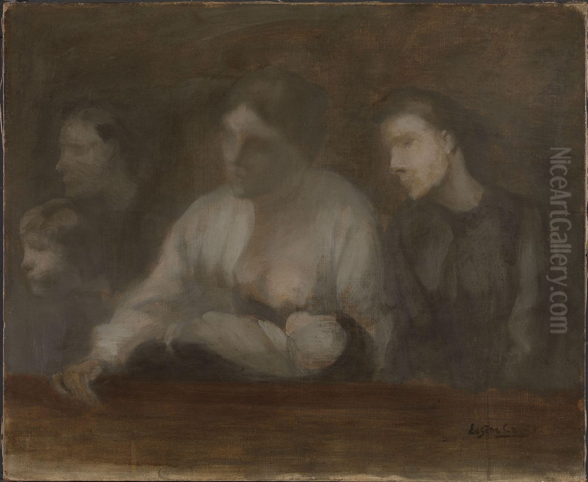 A Family Oil Painting by Eugene Carriere