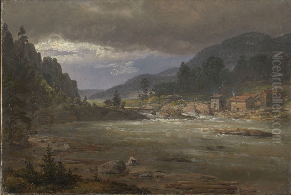 Hellefossen near Hokksund Oil Painting by Johan Wilhelm Ludwig Dahl