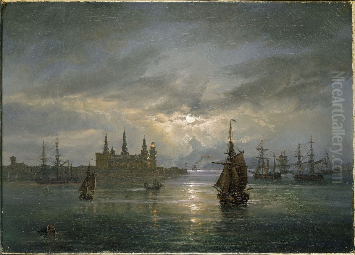 Kronborg Castle in Moonlight Oil Painting by Johan Wilhelm Ludwig Dahl