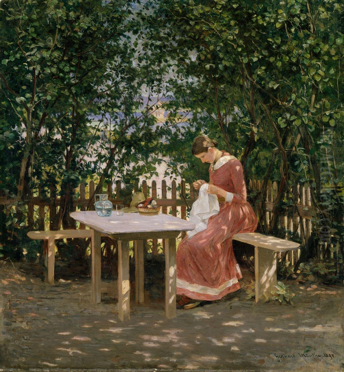 The Artist's Wife in the Arbour Oil Painting by Gerhard Munthe