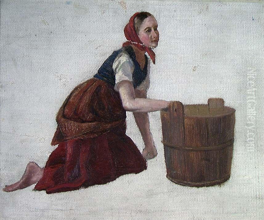 Woman with Tub Oil Painting by Frederik Collett