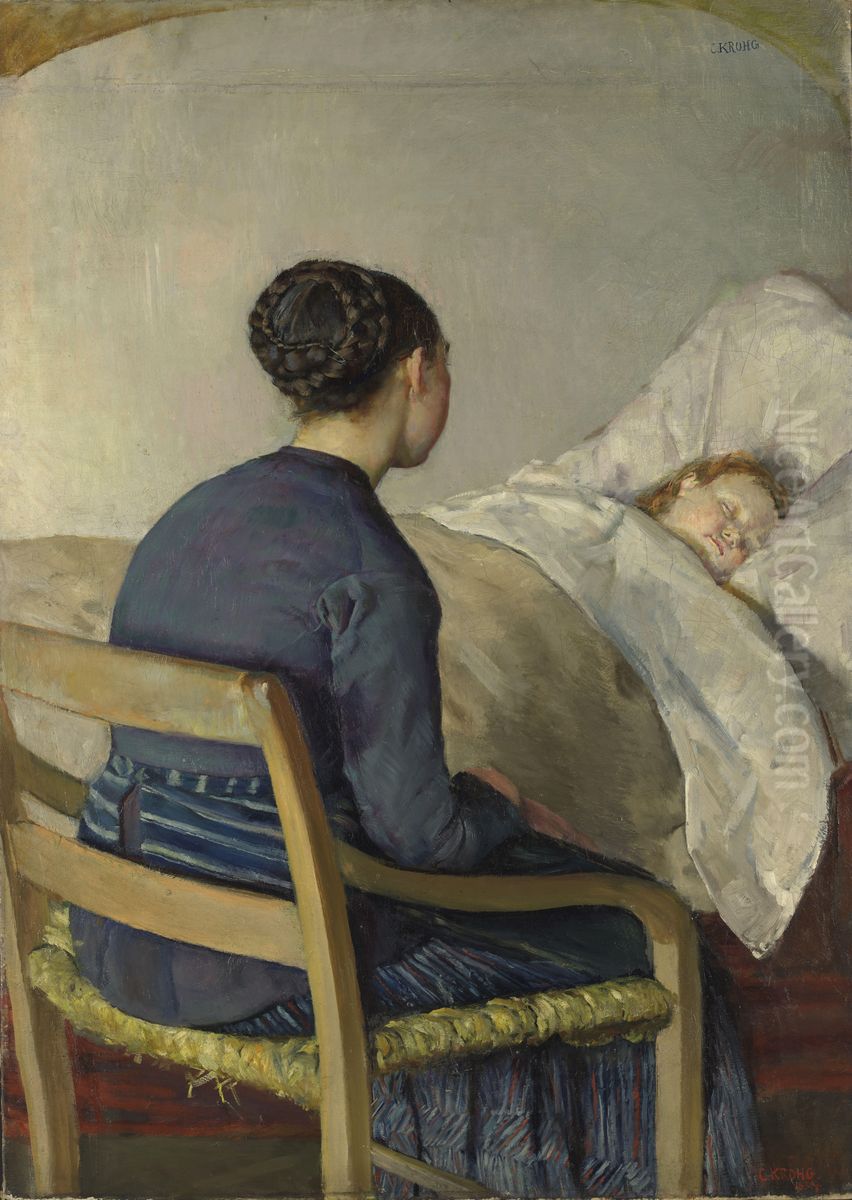 Mor ved sitt barns seng Oil Painting by Christian Krohg