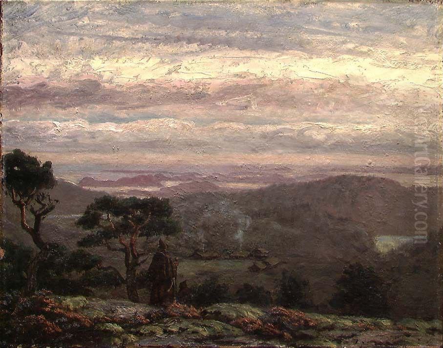 Friars in an Evening Landscape Oil Painting by Olaf Isaachsen