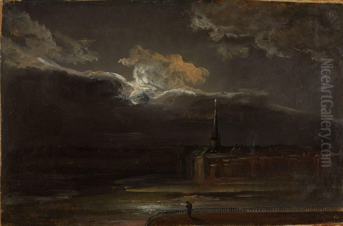 Dresden in Moonlight Oil Painting by Johan Wilhelm Ludwig Dahl