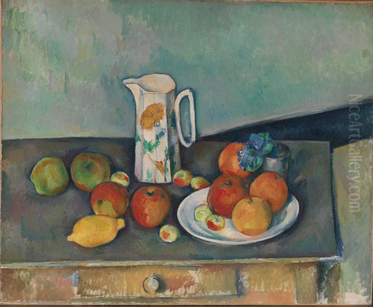 Nature morte, pot a lait et fruits sur une table Oil Painting by Paul Cezanne