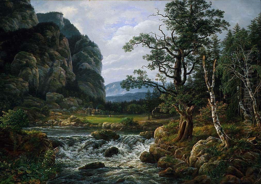 Mountain landscape with waterfall Oil Painting by Johan Wilhelm Ludwig Dahl